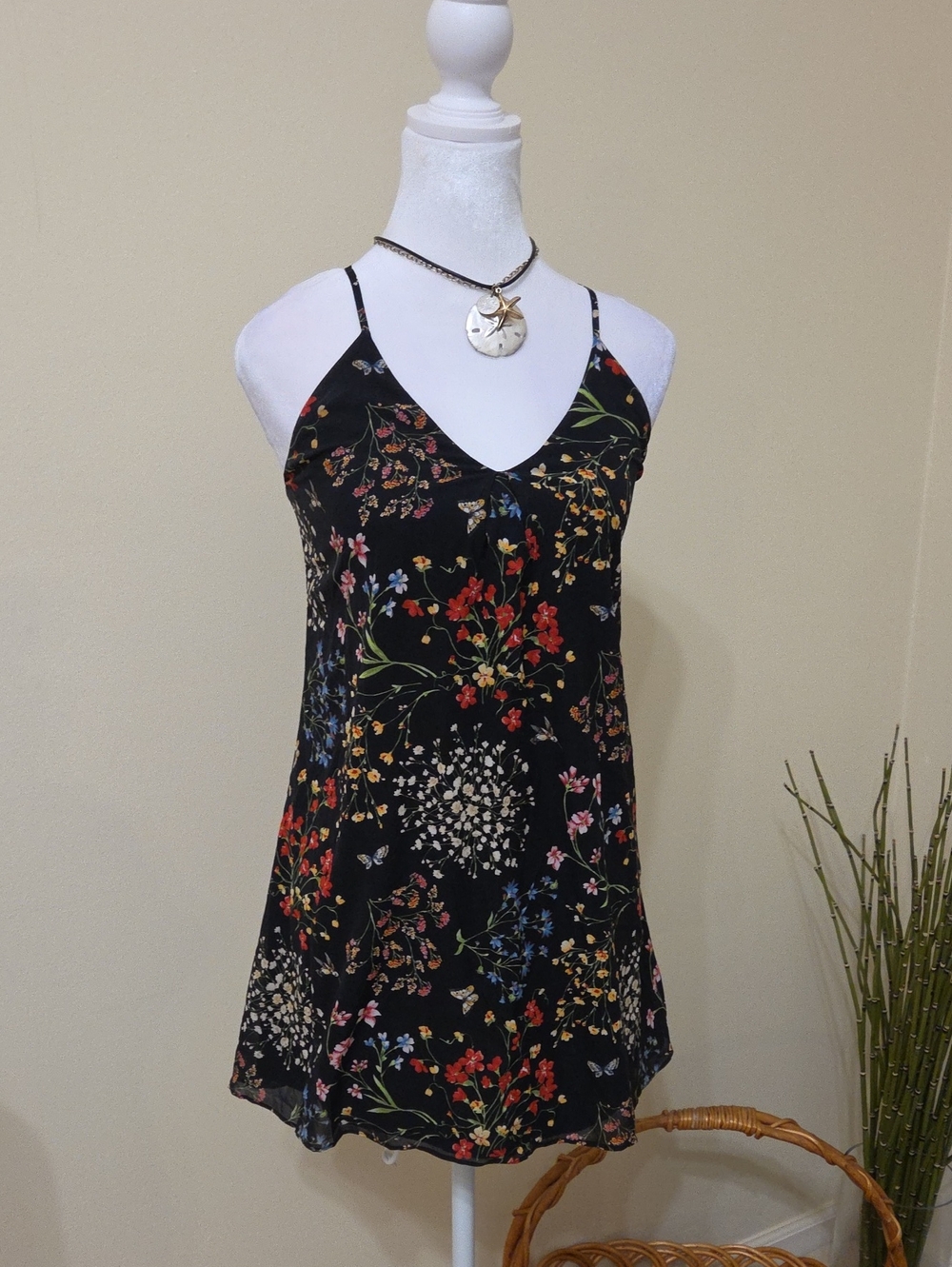 Vibrant Floral Black Spaghetti-Strap Slip Dress Size XS